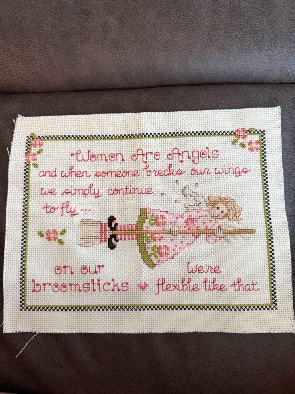 Handmade Pink Angel Cross-Stitch Wall Accent
